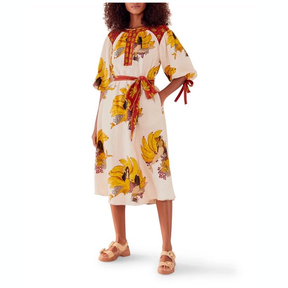 🥭 FARM Rio Off-White Mermaid Bananas Midi Dress - Picture 1 of 14